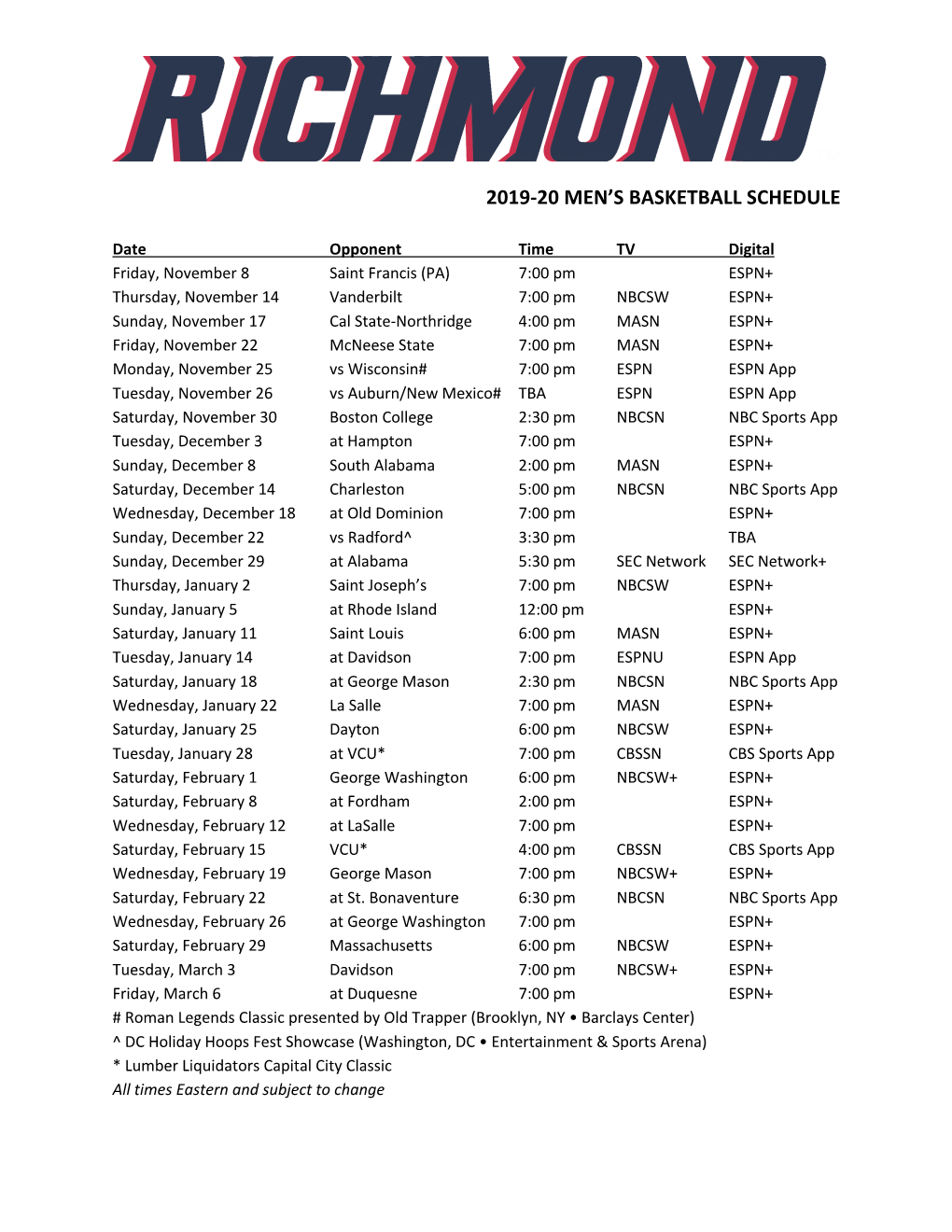 2019-20 Men's Basketball Schedule