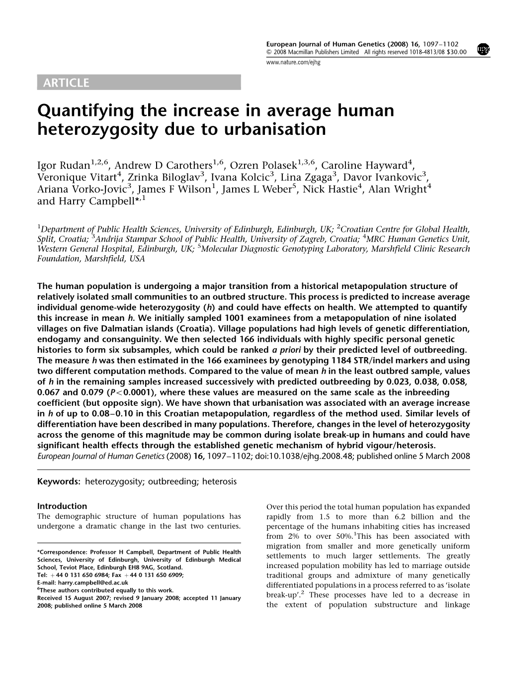 Quantifying the Increase in Average Human Heterozygosity Due to Urbanisation