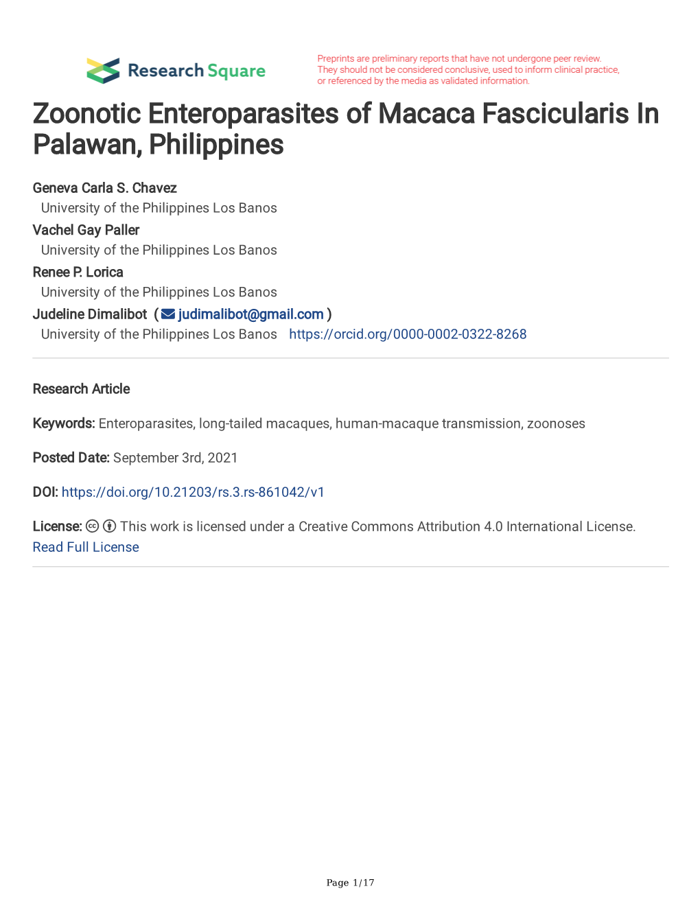 Zoonotic Enteroparasites of Macaca Fascicularis in Palawan, Philippines
