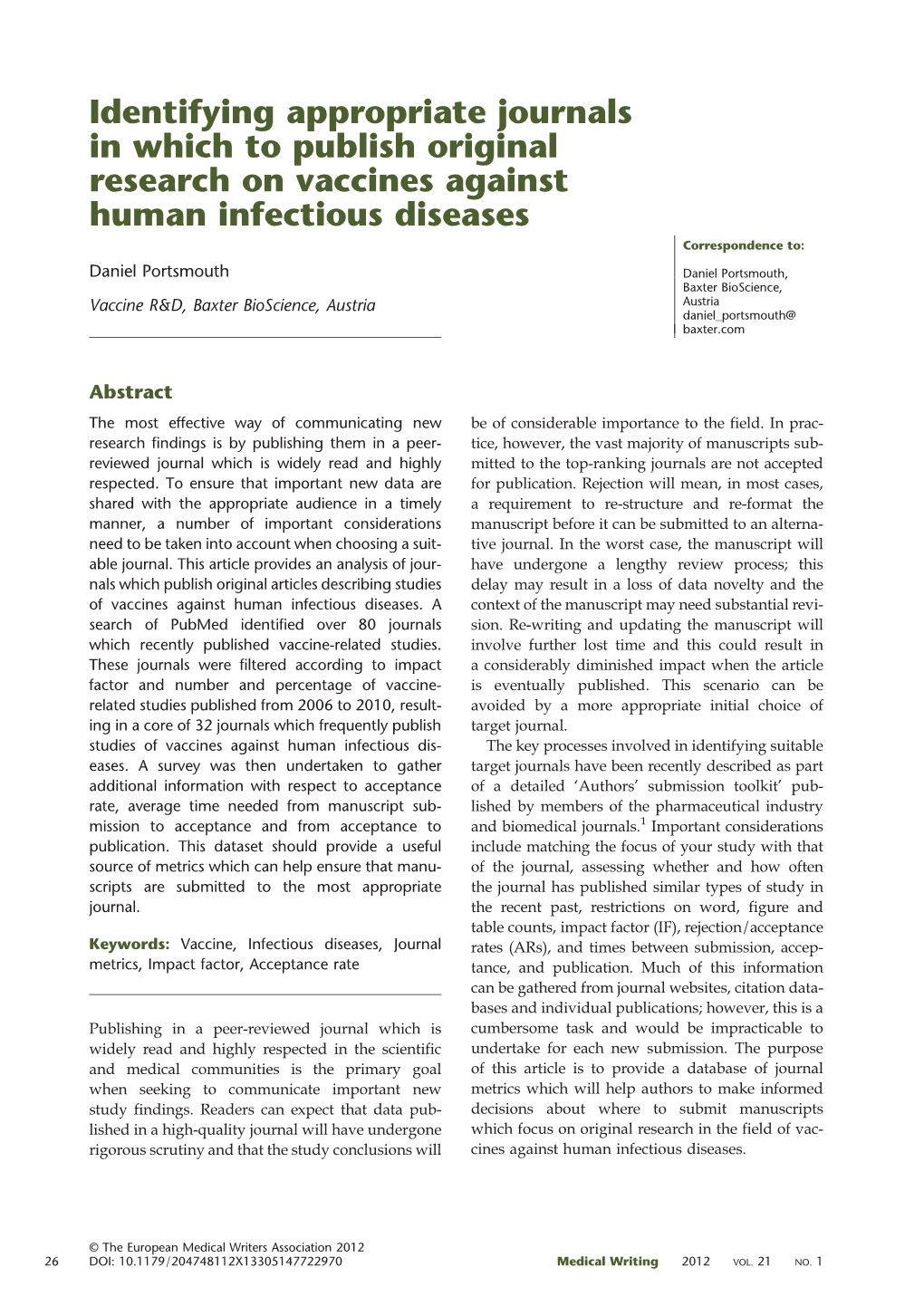 Identifying Appropriate Journals in Which to Publish Original Research on Vaccines Against Human Infectious Diseases Correspondence To