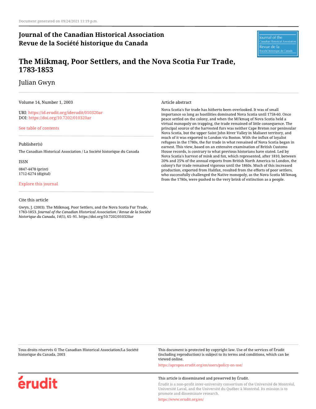 The Miíkmaq, Poor Settlers, and the Nova Scotia Fur Trade, 1783-1853 Julian Gwyn