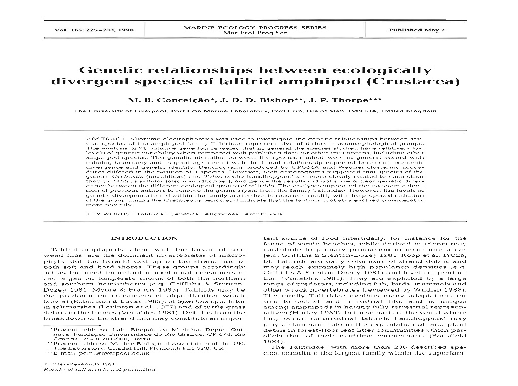 Genetic Relationships Between Ecologically Divergent Species of Talitrid Amphipod (Crustacea)