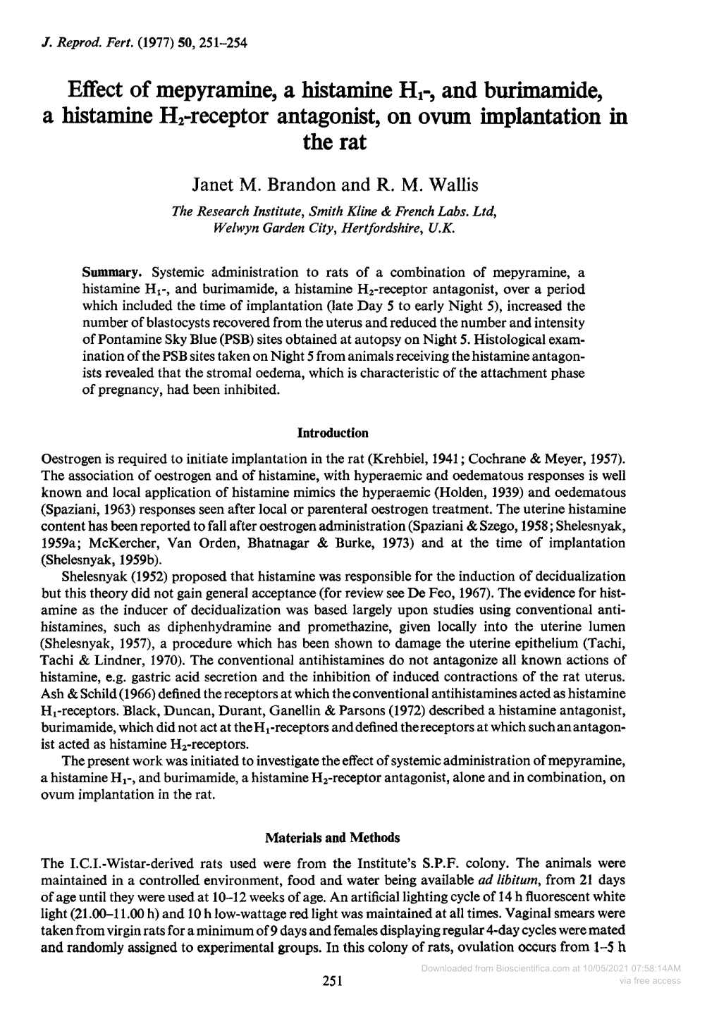 Effect of Mepyramine, a Histamine H1-, and Burimamide, a Histamine H2-Receptor Antagonist, on Ovum Implantation in the Rat