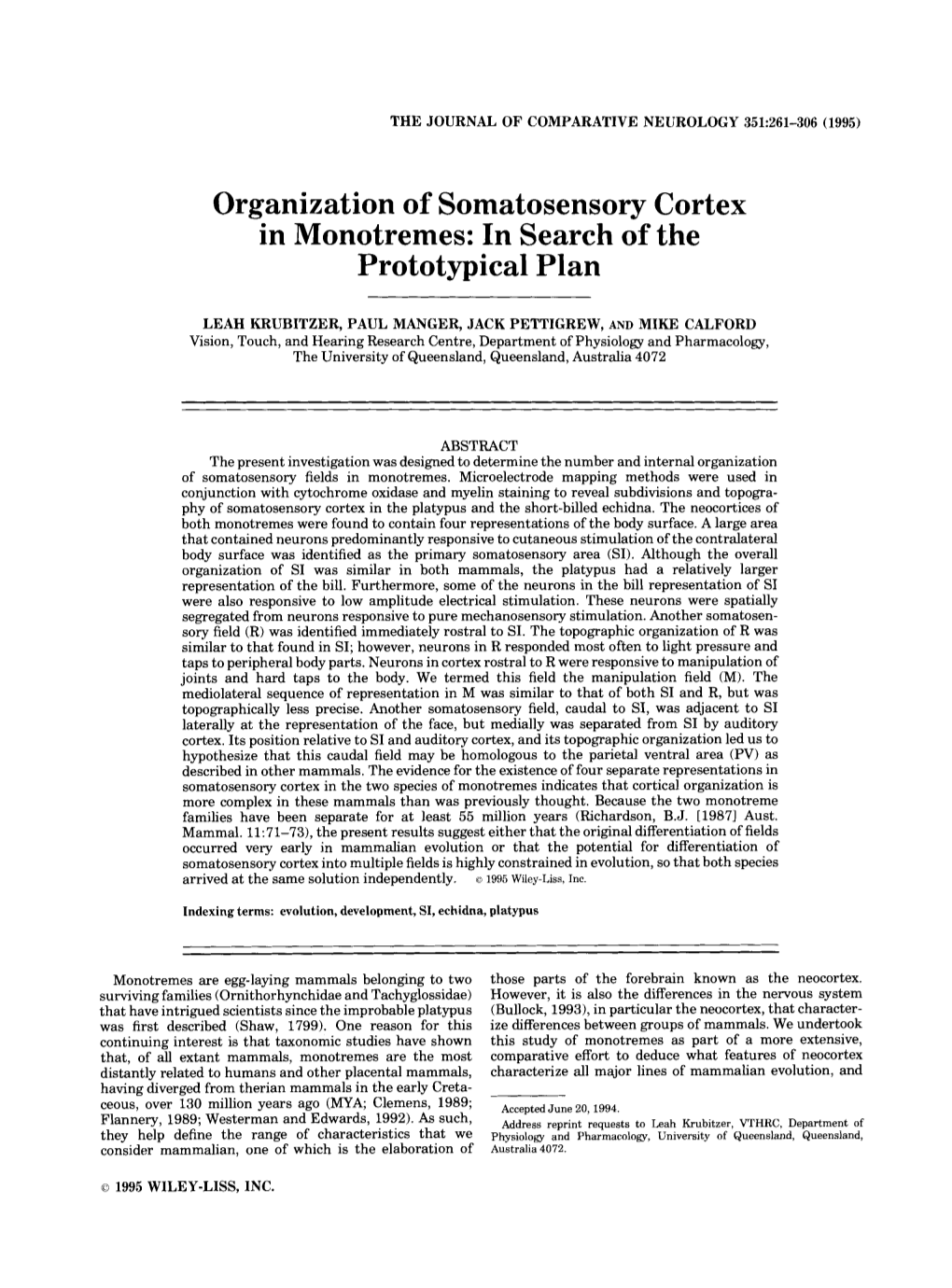 Organization of Somatosensory Cortex in Monotremes: in Search of the Prototypical Plan