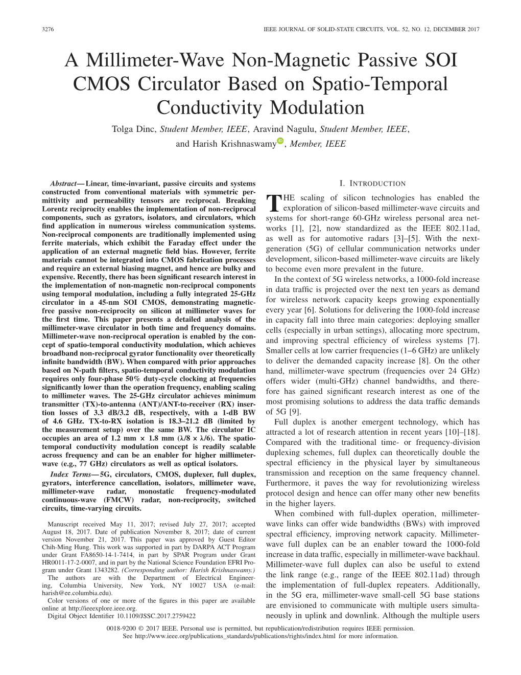 A Millimeter-Wave Non-Magnetic Passive SOI CMOS Circulator