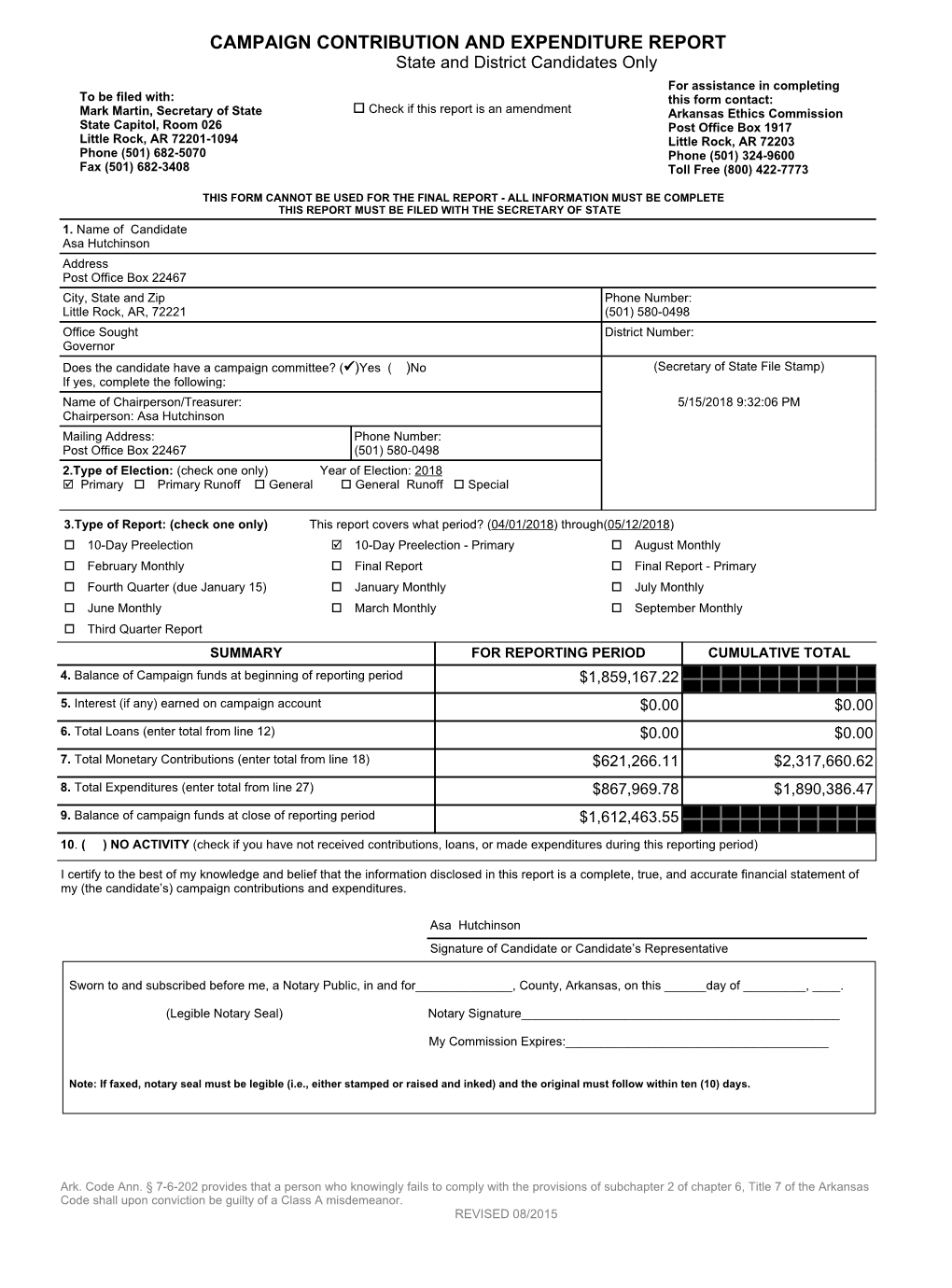 Campaign Contribution and Expenditure Report