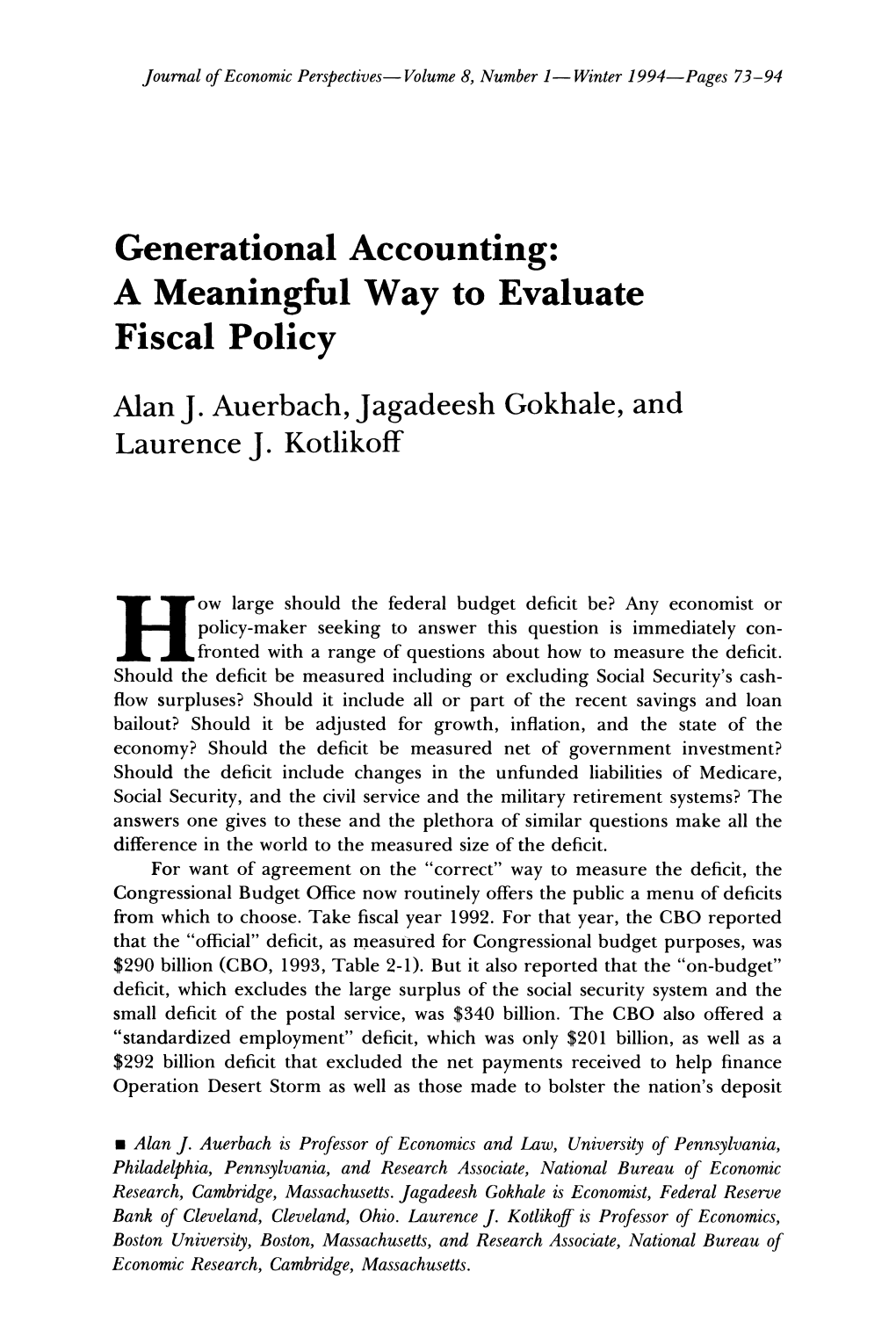 Generational Accounting: a Meaningful Way to Evaluate Fiscal Policy