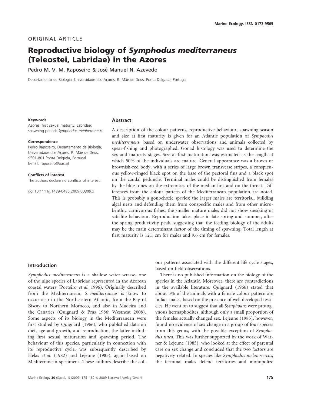 Reproductive Biology of Symphodus Mediterraneus (Teleostei, Labridae) in the Azores Pedro M