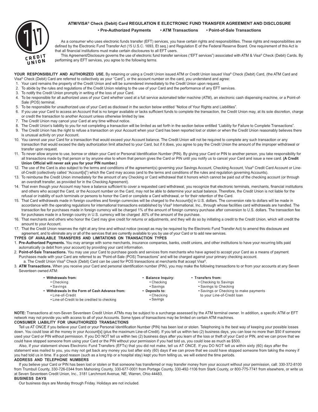 (Debit) Card Agreement & Electronic Funds Transfer Disclosure