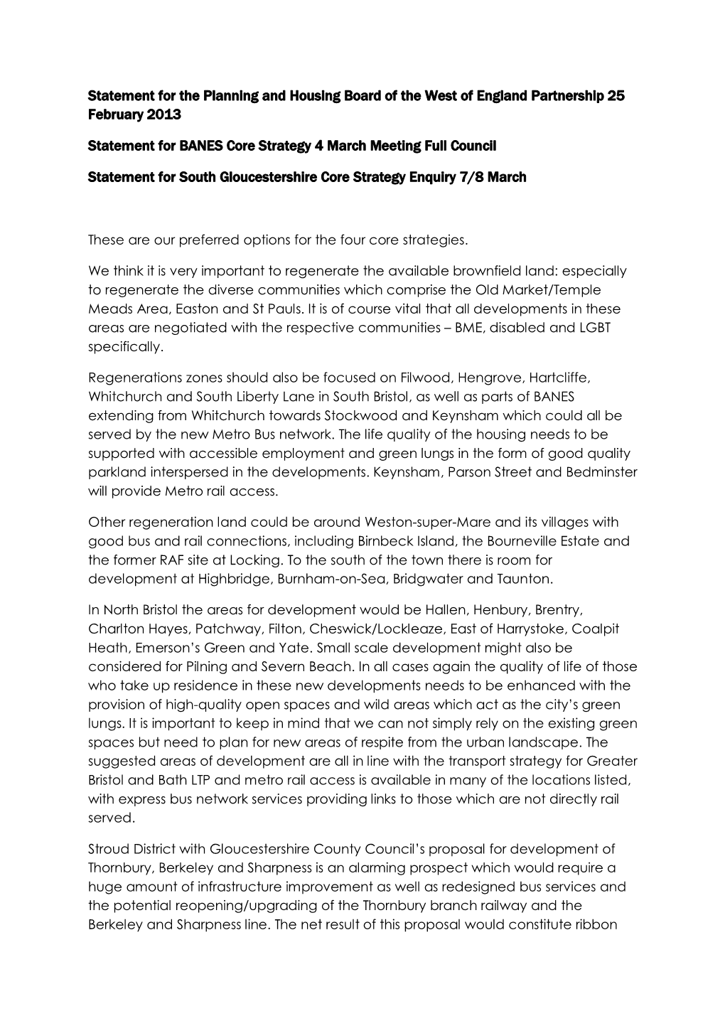 Statement for the Planning and Housing Board of the West of England Partnership 25 February 2013