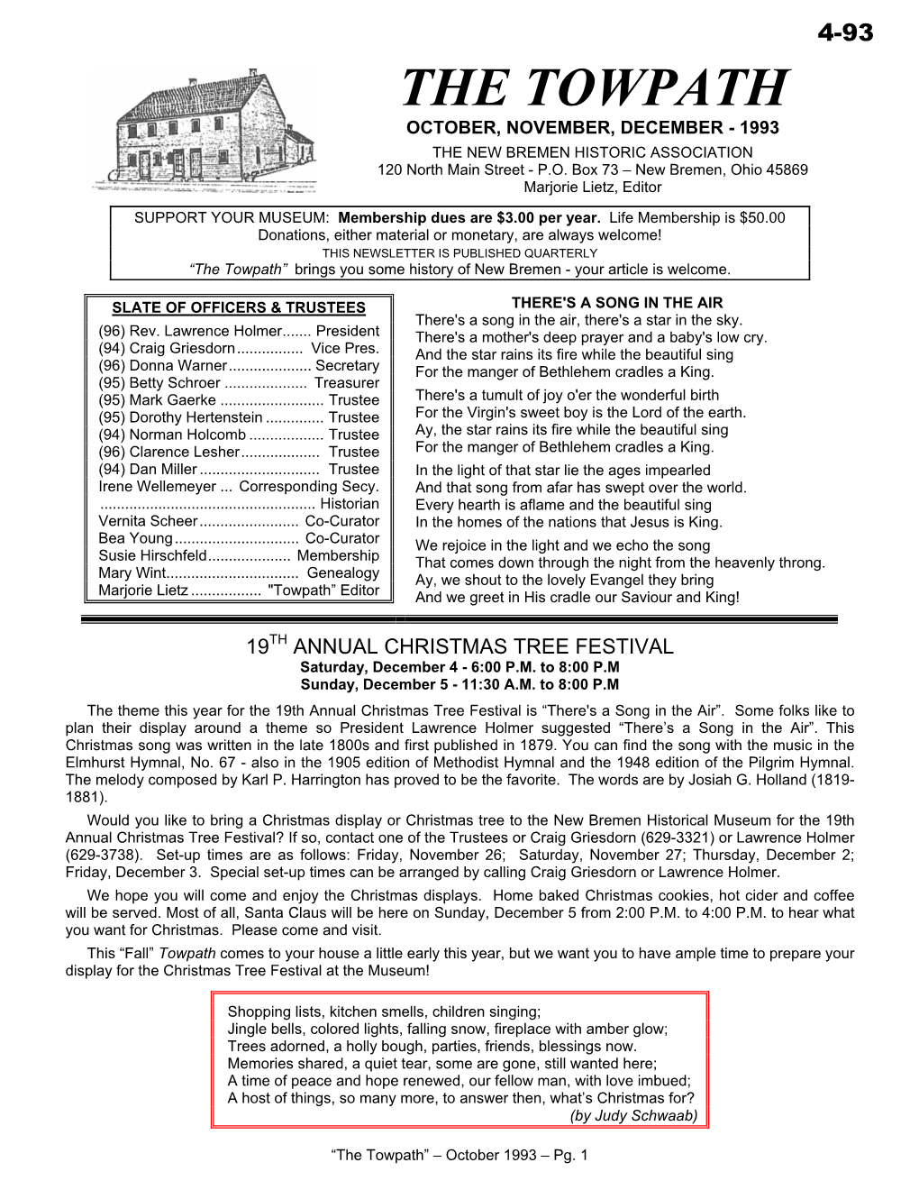 THE TOWPATH OCTOBER, NOVEMBER, DECEMBER - 1993 the NEW BREMEN HISTORIC ASSOCIATION 120 North Main Street - P.O