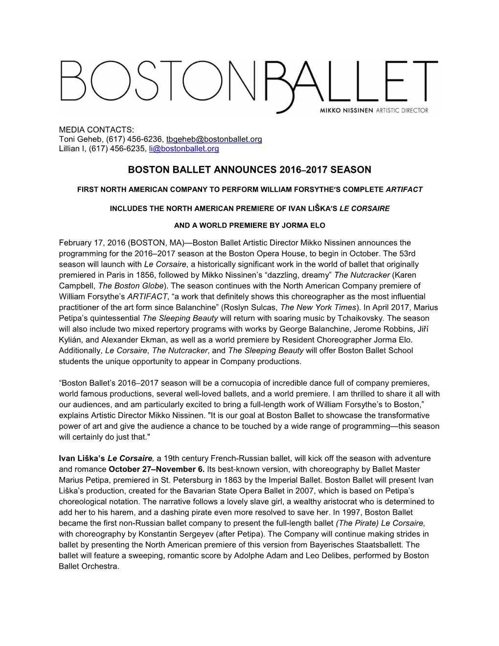 Boston Ballet Announces 2016–2017 Season