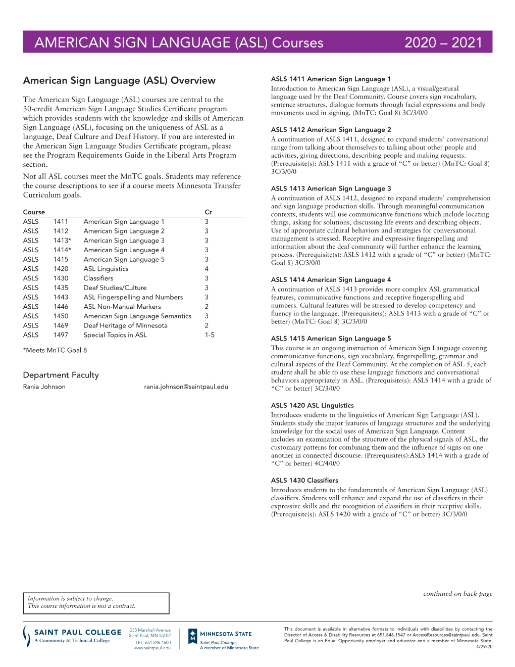 AMERICAN SIGN LANGUAGE (ASL) Courses 2020 – 2021