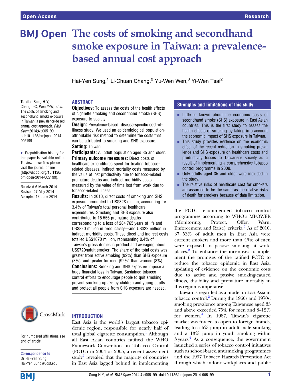 The Costs of Smoking and Secondhand Smoke Exposure in Taiwan