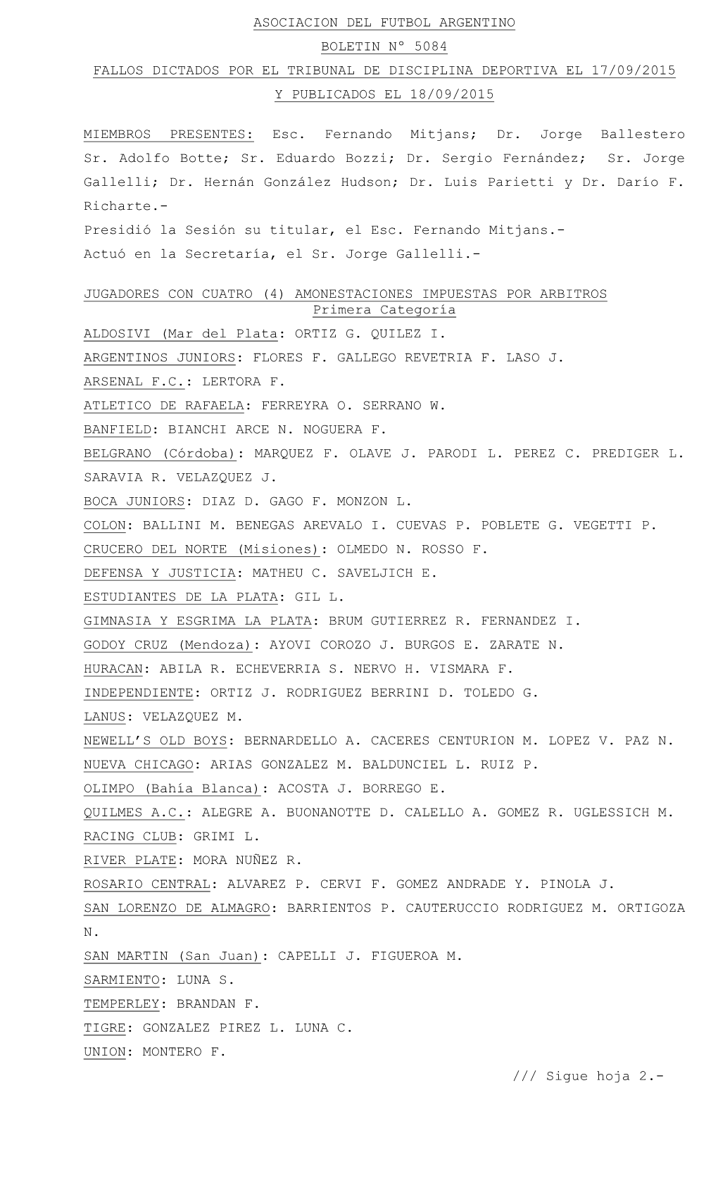 Sigue Hoja 2.- ASOCIACION DEL FUTBOL ARGENTINO BOLETIN Nº