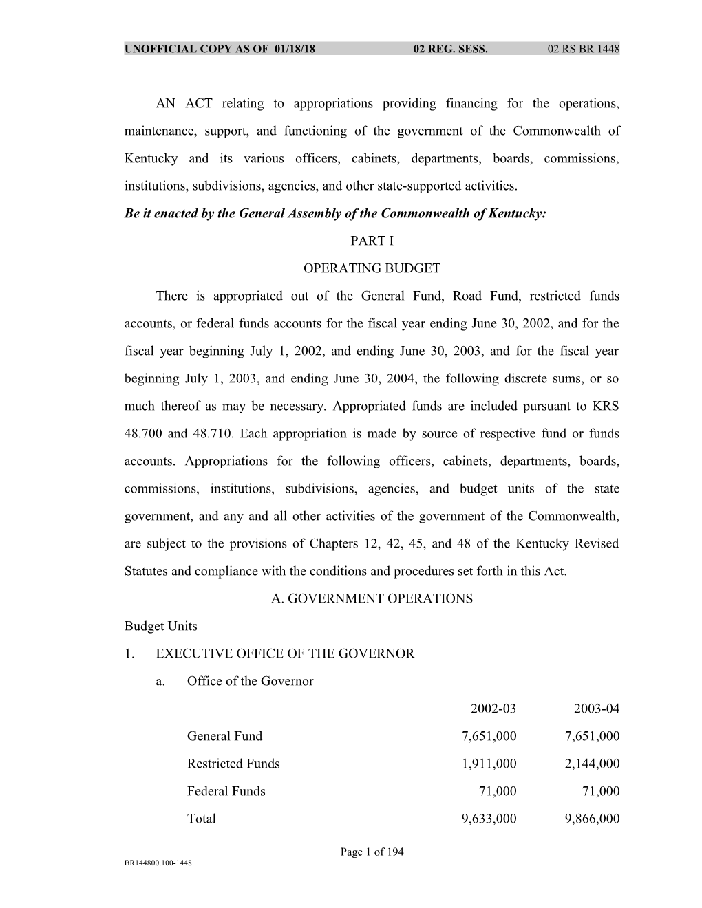 Unofficial Copy As of 01/29/02 02 Reg. Sess. 02 Rs Br 1448