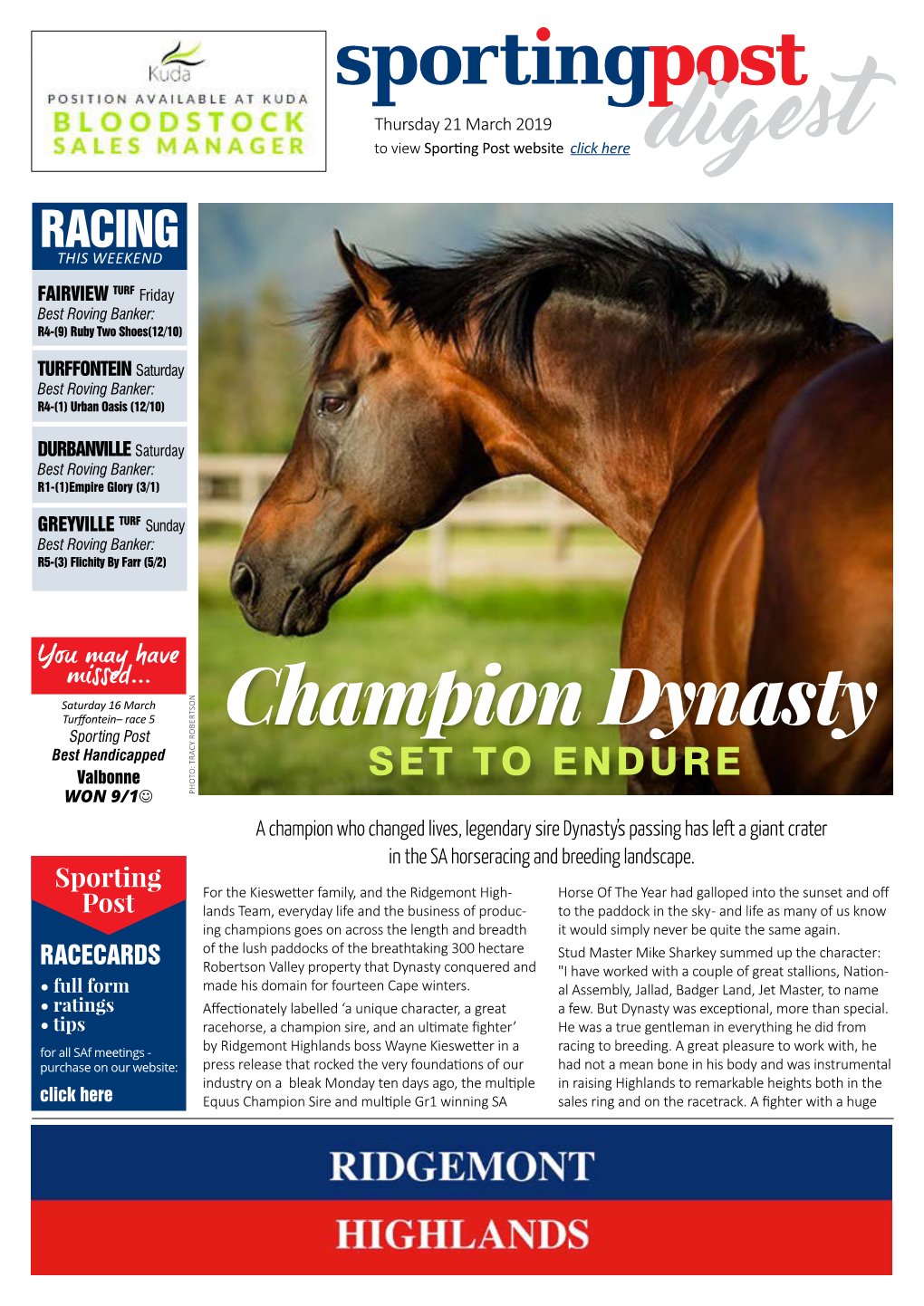 A Champion Who Changed Lives, Legendary Sire Dynasty's Passing