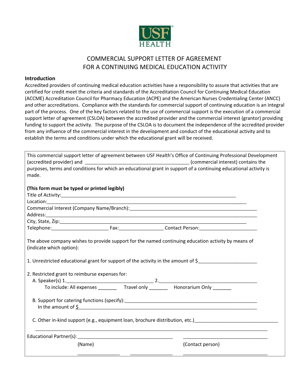 Commercial Support Letter of Agreement