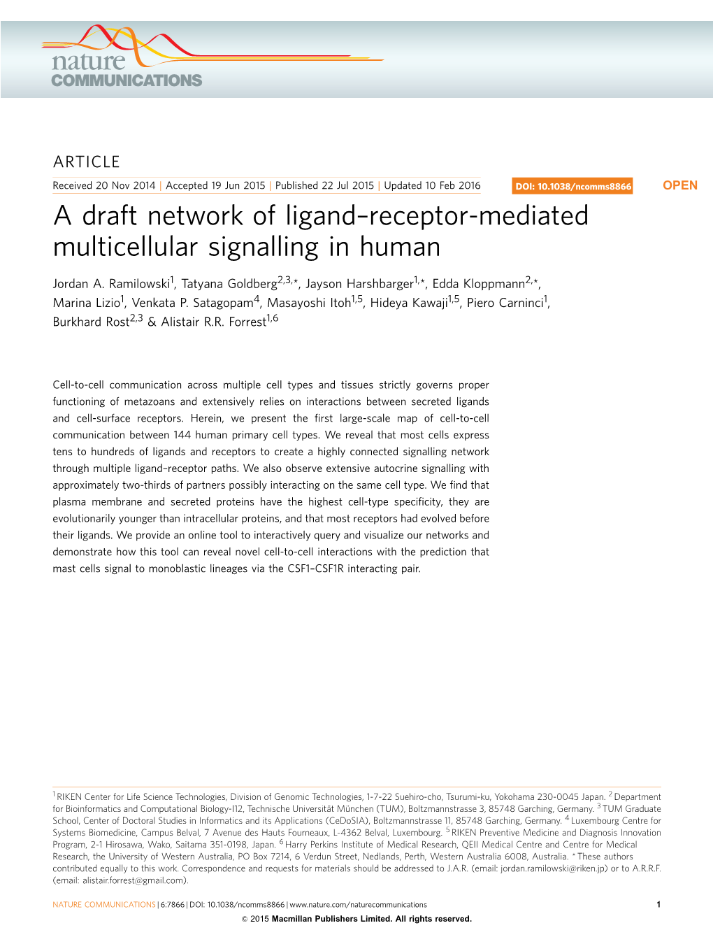 Receptor-Mediated Multicellular Signalling in Human