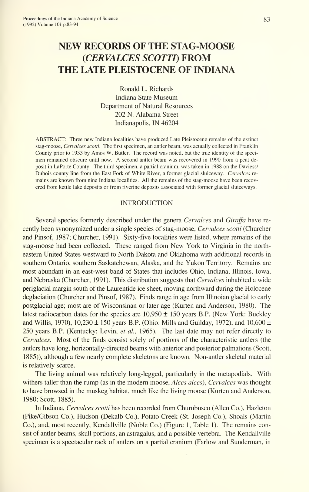 Proceedings of the Indiana Academy of Science $3 (1992) Volume 101 P.83-94