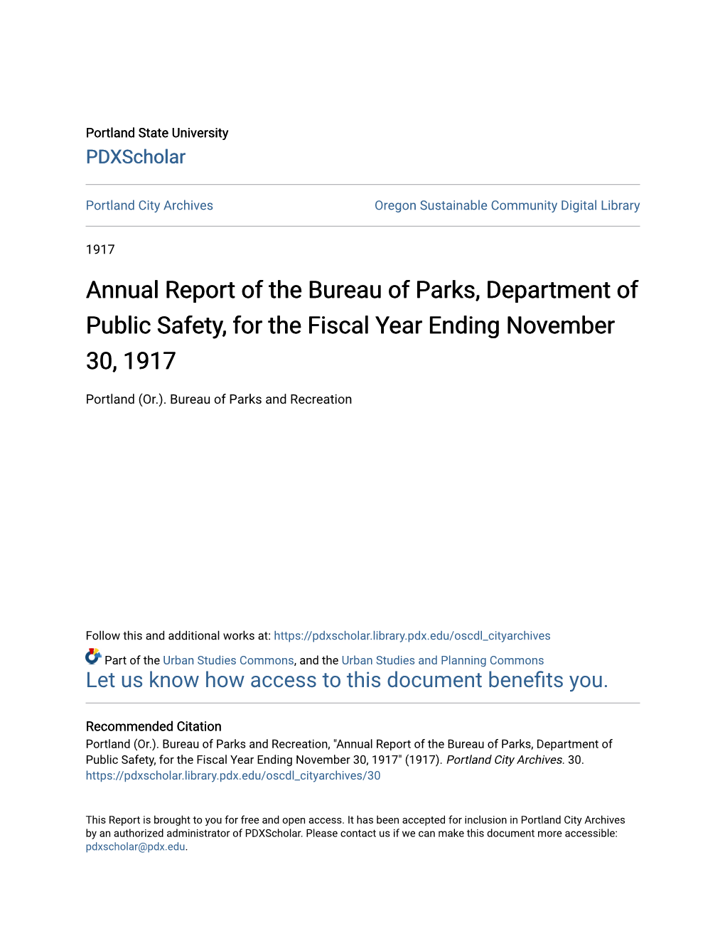 Annual Report of the Bureau of Parks, Department of Public Safety, for the Fiscal Year Ending November 30, 1917