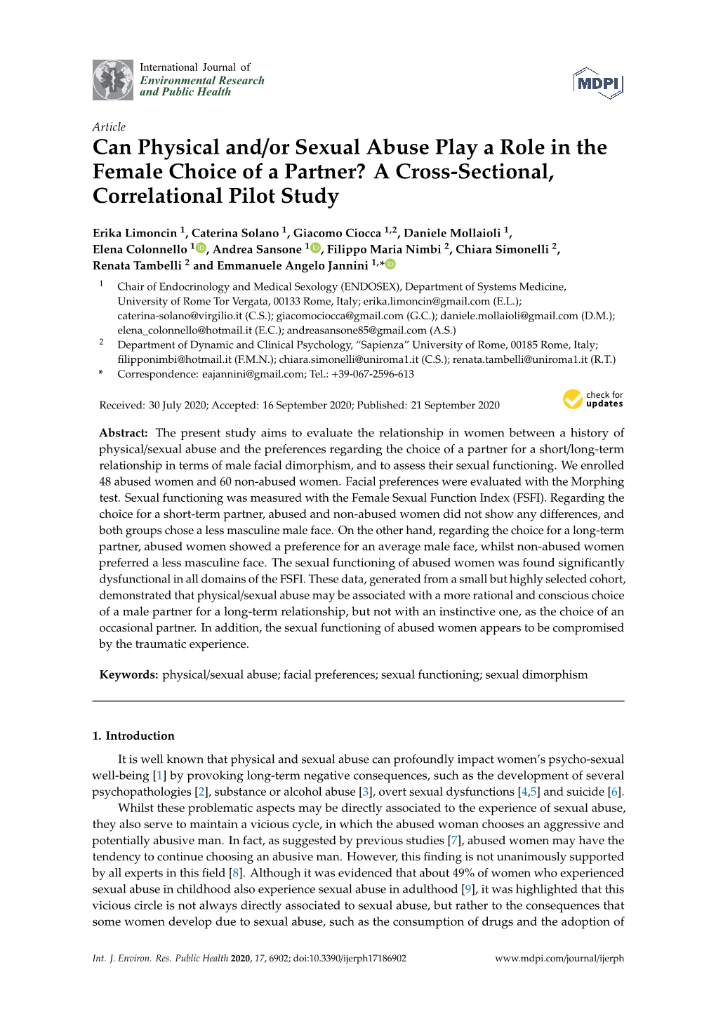 Can Physical And/Or Sexual Abuse Play a Role in the Female Choice of a Partner? a Cross-Sectional, Correlational Pilot Study