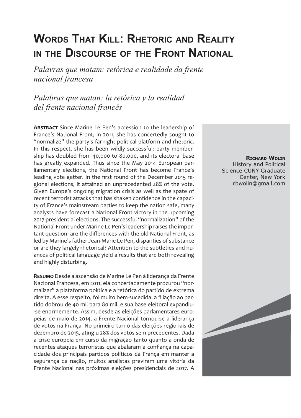 Words That Kill: Rhetoric and Reality in the Discourse of the Front National Palavras Que Matam: Retórica E Realidade Da Frente Nacional Francesa