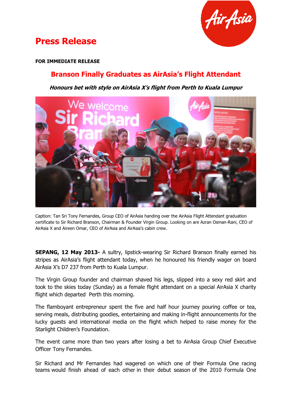 120513 Press Release-Branson Serves As a Flight Attendant.Docx