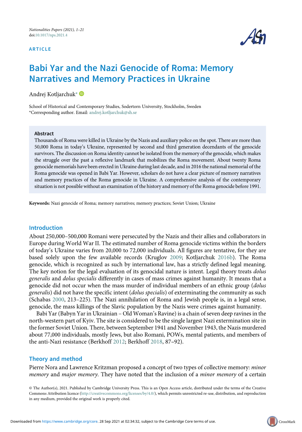 Babi Yar and the Nazi Genocide of Roma: Memory Narratives and Memory Practices in Ukraine