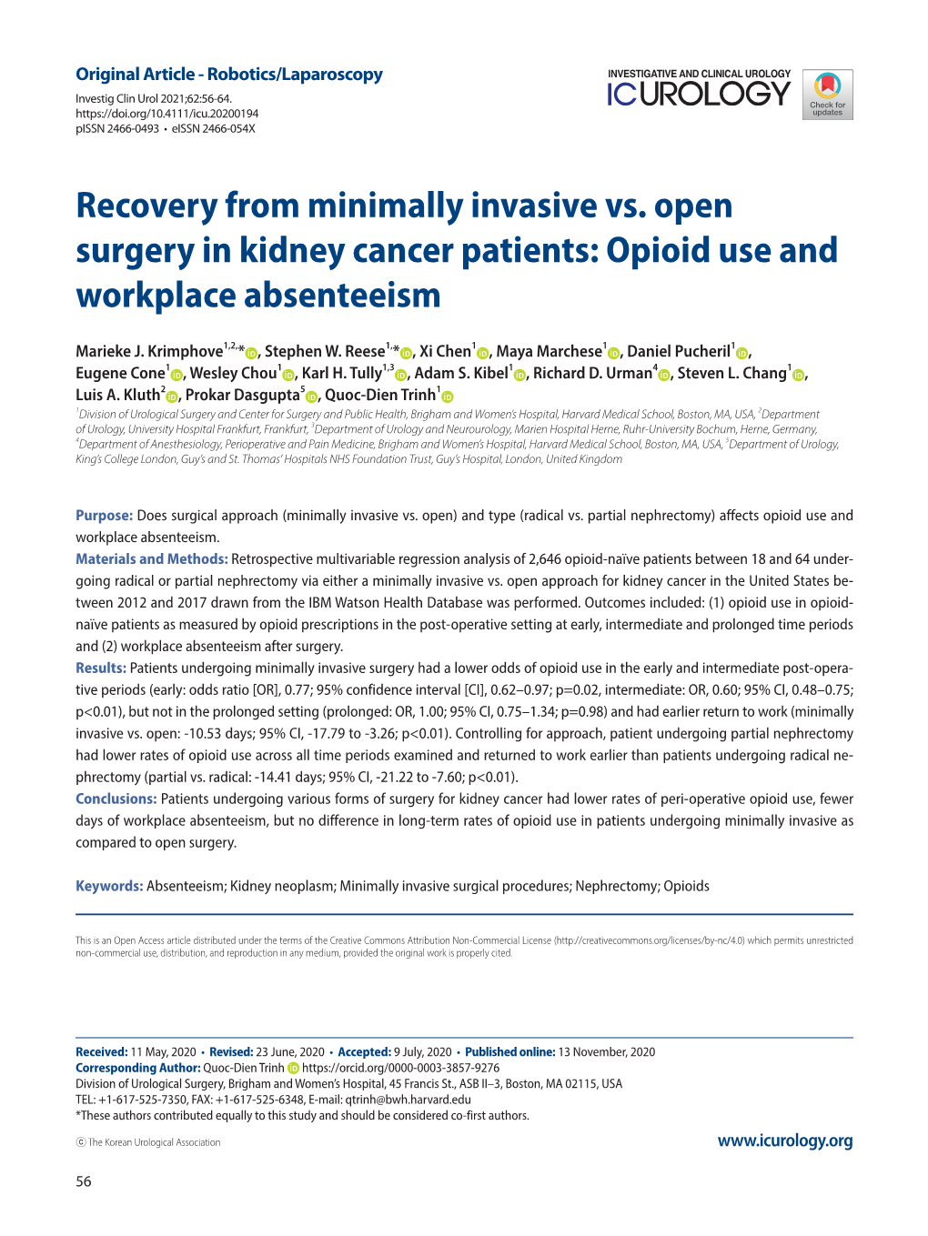 Recovery from Minimally Invasive Vs. Open Surgery in Kidney Cancer Patients: Opioid Use and Workplace Absenteeism