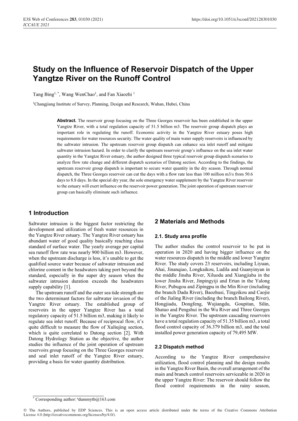 Study on the Influence of Reservoir Dispatch of the Upper Yangtze River on the Runoff Control