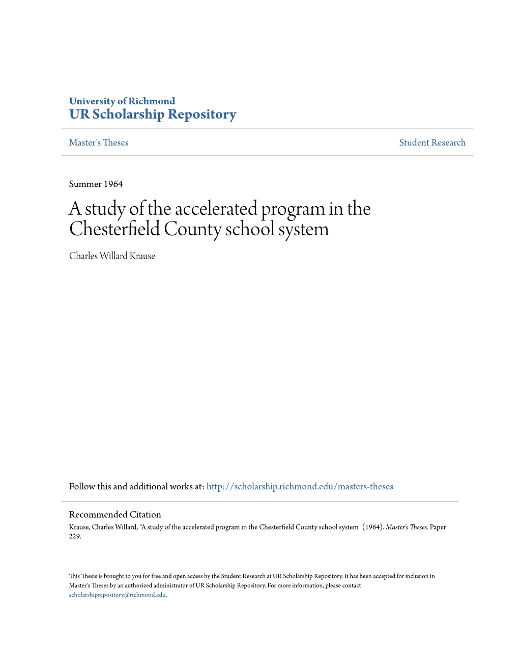 A Study of the Accelerated Program in the Chesterfield County School System" (1964)