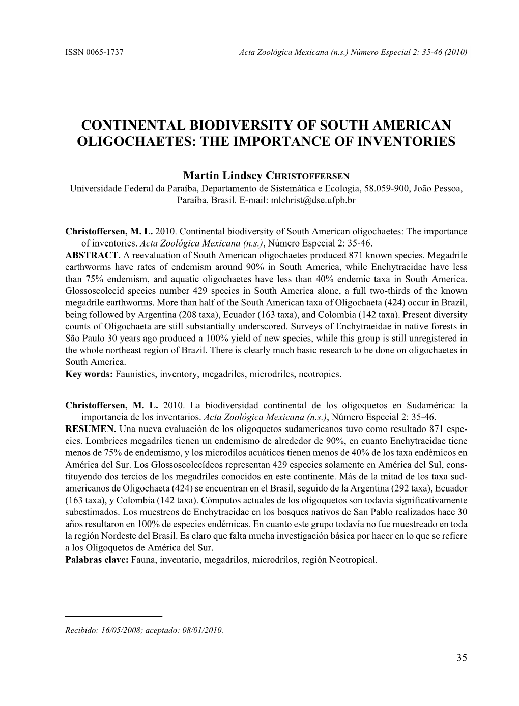 Continental Biodiversity of South American Oligochaetes: the Importance of Inventories