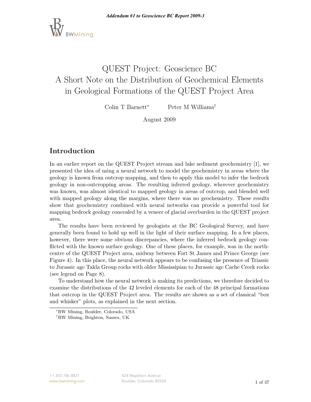 QUEST Project: Geoscience BC a Short Note on the Distribution of Geochemical Elements in Geological Formations of the QUEST Project Area