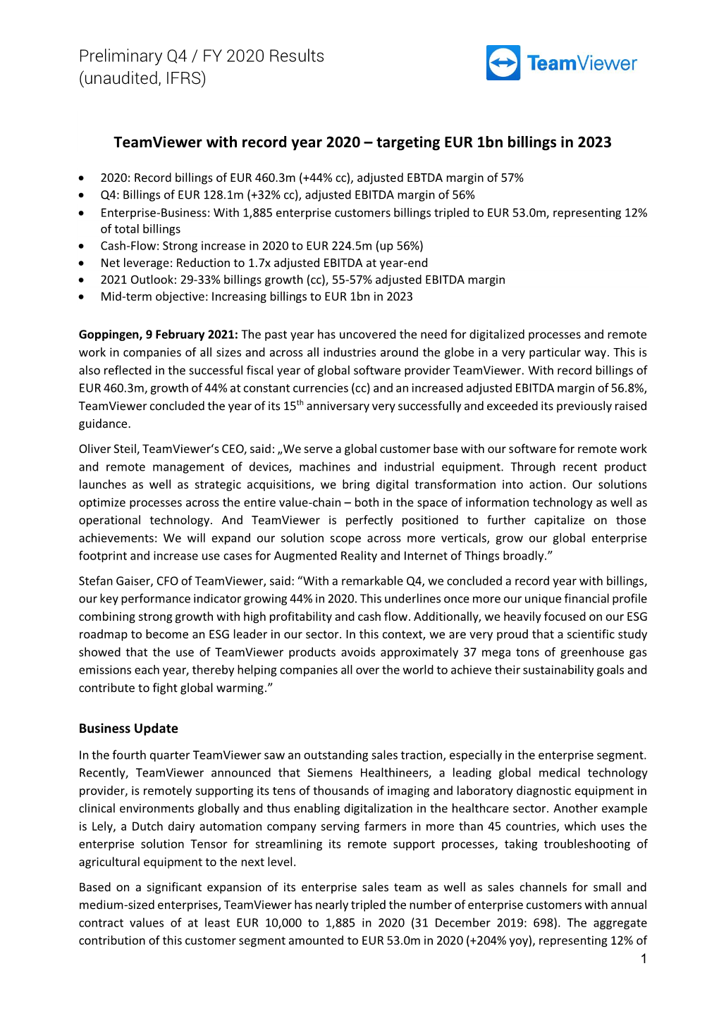 Preliminary Q4 / FY 2020 Results (Unaudited, IFRS)