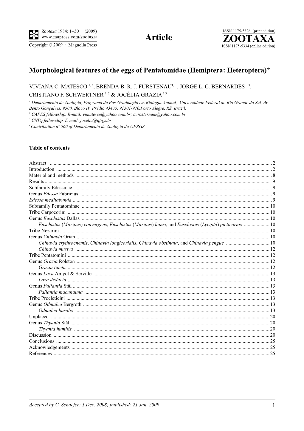 Zootaxa, Morphological Features of the Eggs of Pentatomidae (Hemiptera