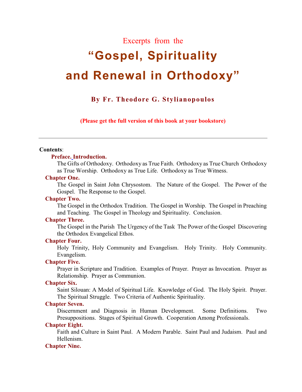 Gospel, Spirituality, and Renewal in Orthodoxy