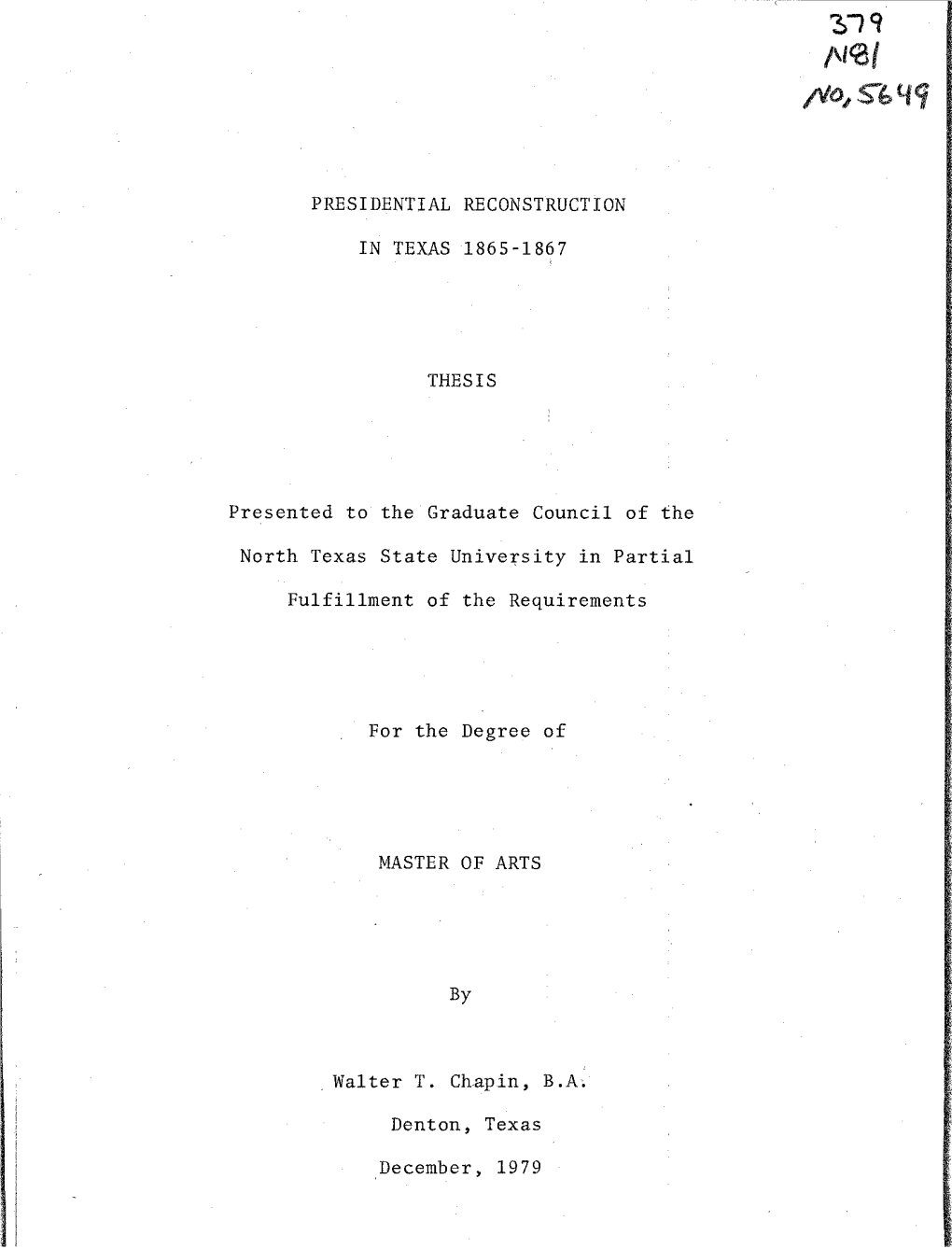 Presidential Reconstruction in Texas 1865-1867 Thesis