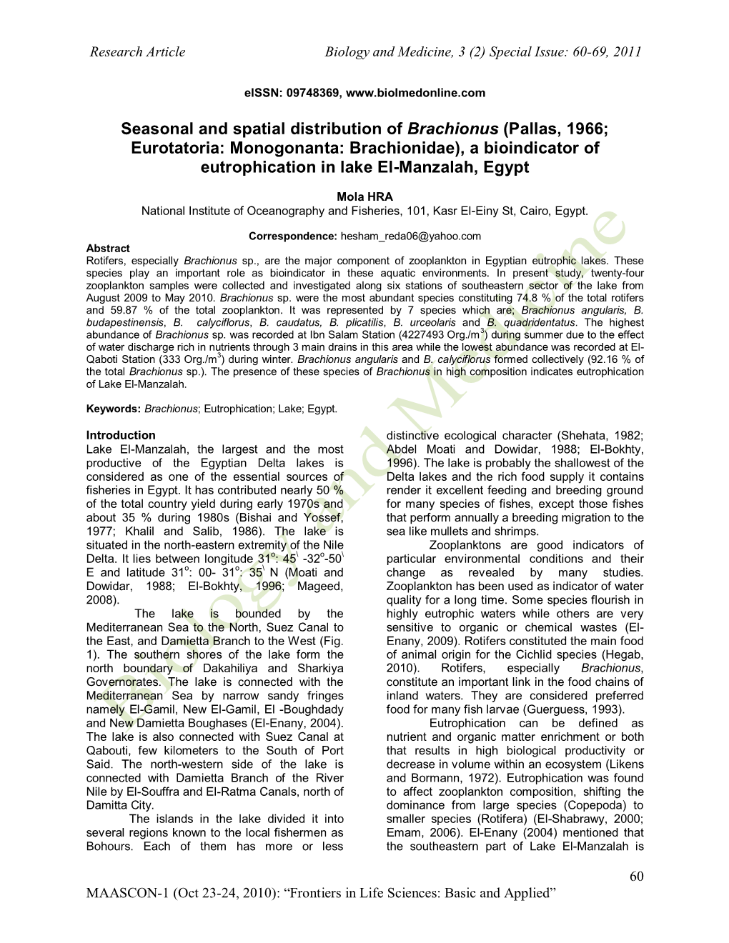 Seasonal and Spatial Distribution of Brachionus (Pallas, 1966; Eurotatoria: Monogonanta: Brachionidae), a Bioindicator of Eutrophication in Lake El-Manzalah, Egypt