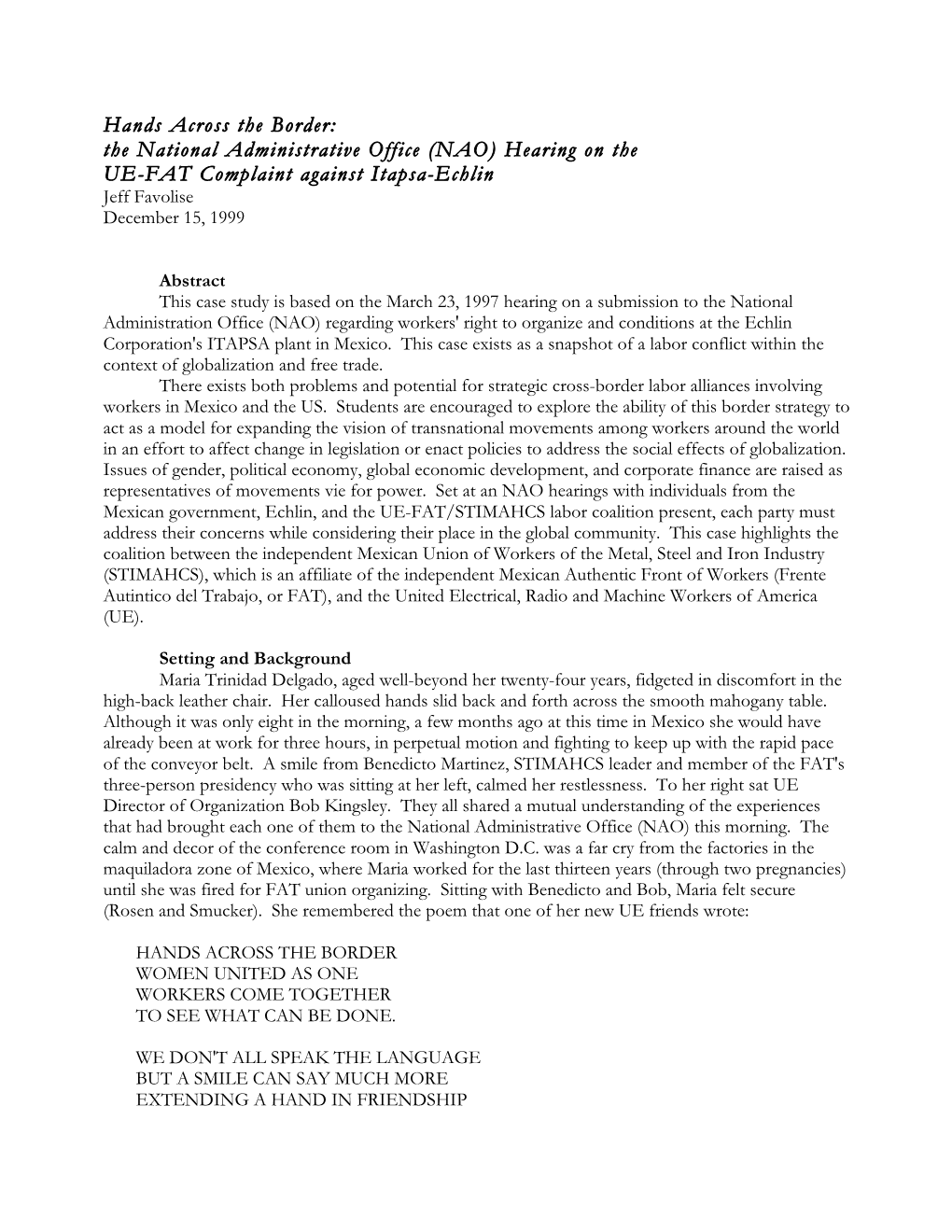 (NAO) Hearing on the UE-FAT Complaint Against Itapsa-Echlin Jeff Favolise December 15, 1999