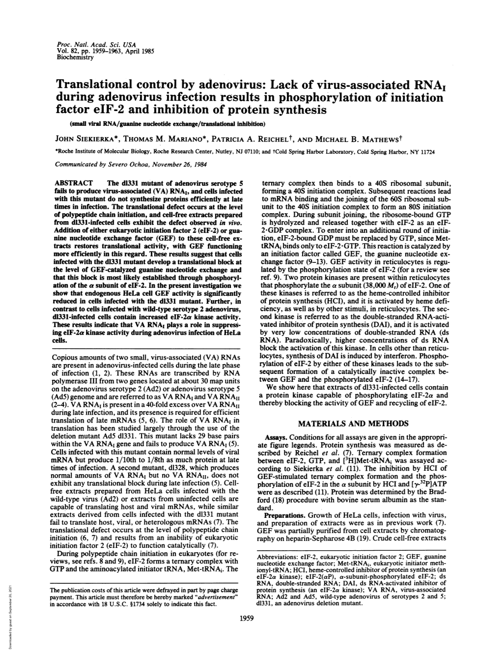 Lack of Virus-Associated RNA, During Adenovirus Infection Results