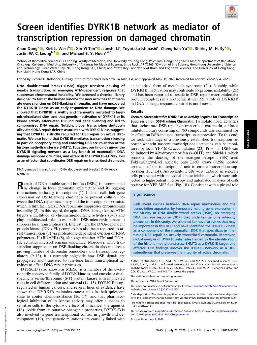 Screen Identifies DYRK1B Network As Mediator of Transcription Repression on Damaged Chromatin