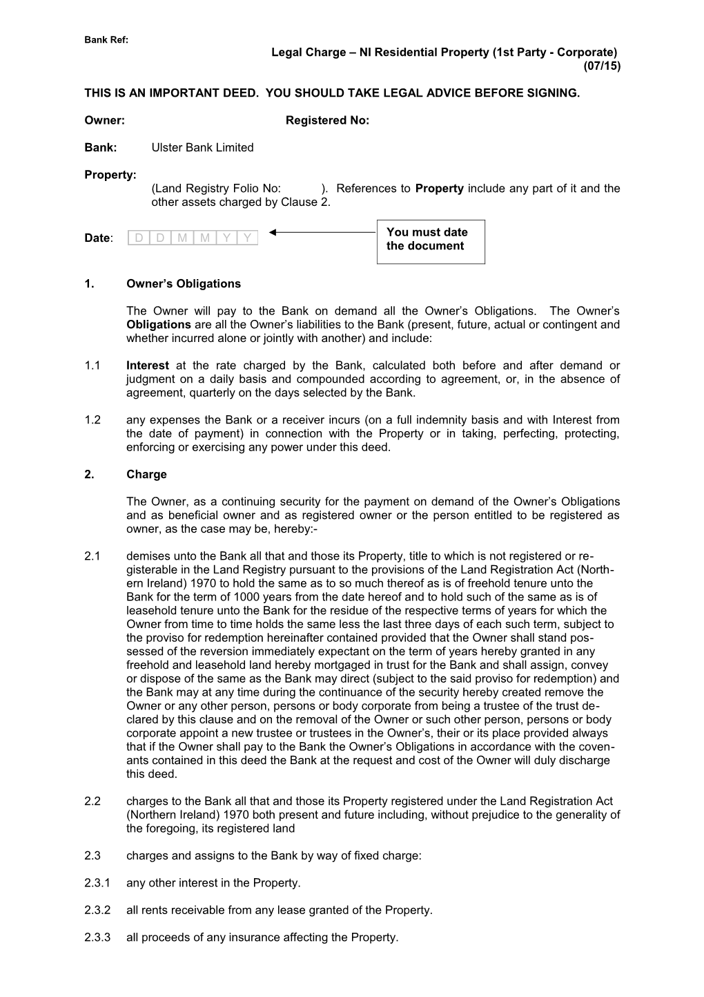 Legal Charge NI Residential Property (1St Party - Corporate)