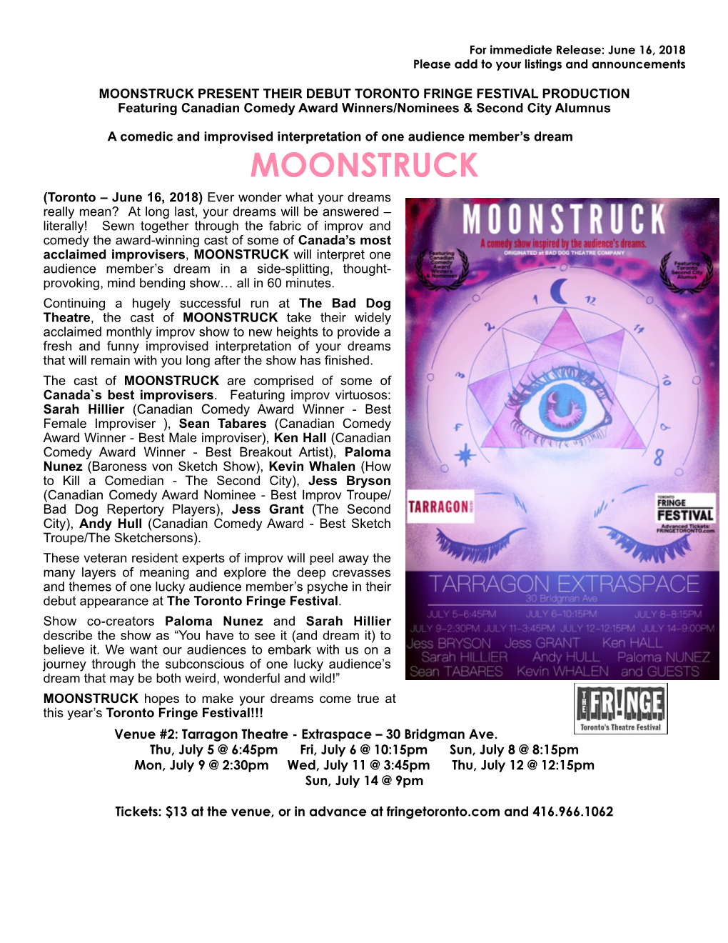 Press Release Toronto Fringe 2018