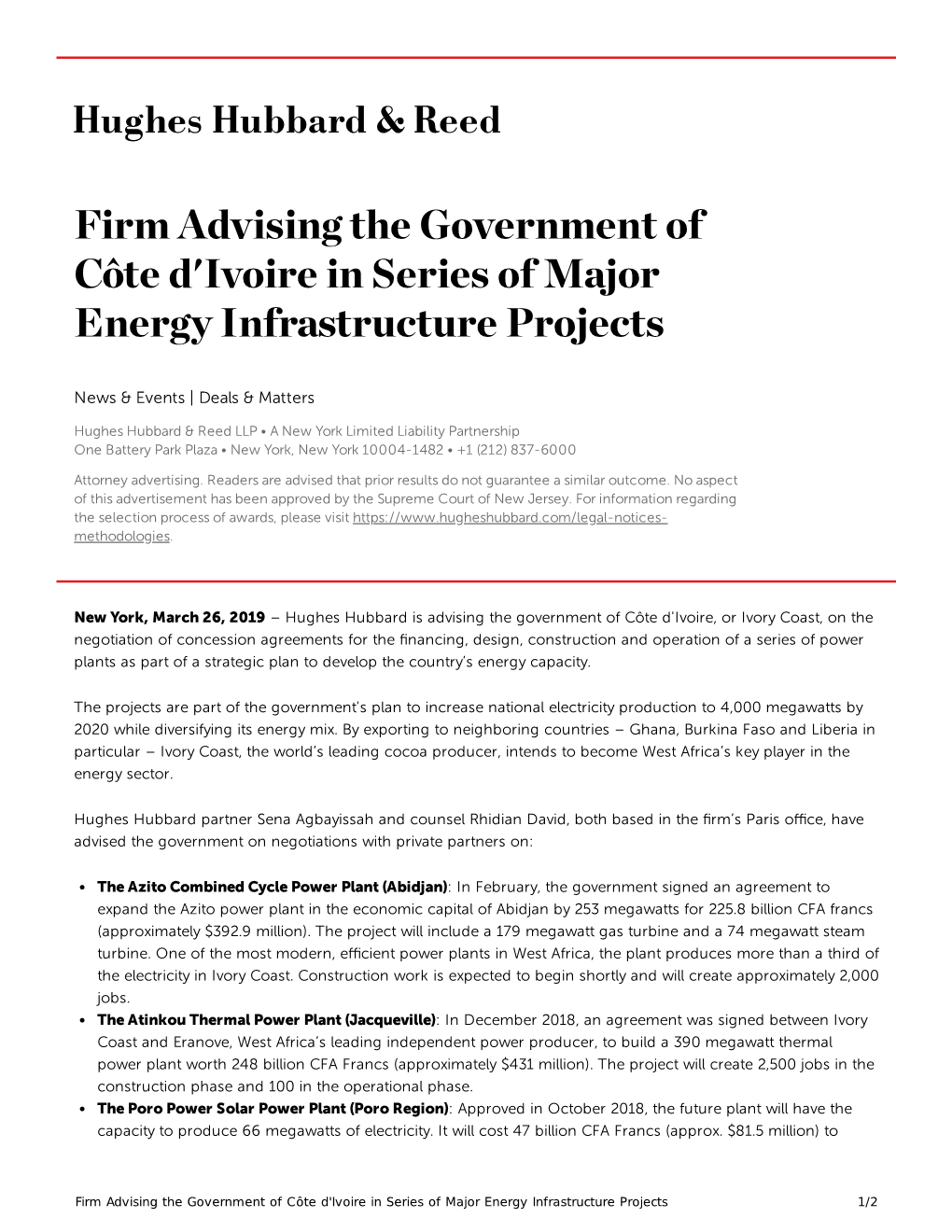 Firm Advising the Government of Côte D'ivoire in Series of Major Energy Infrastructure Projects