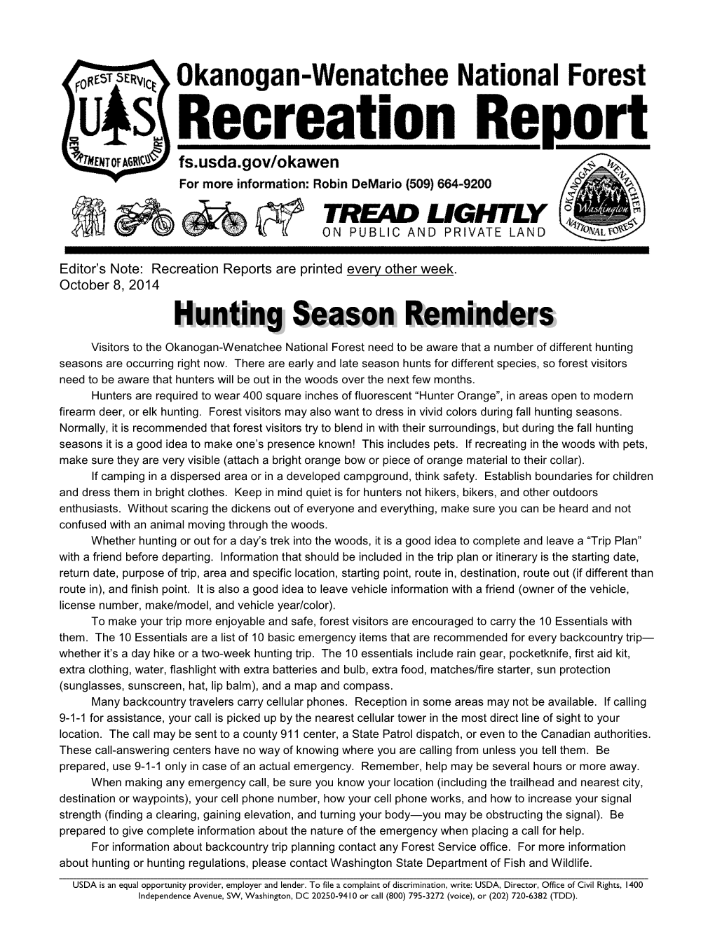 Editor's Note: Recreation Reports Are Printed Every Week Through