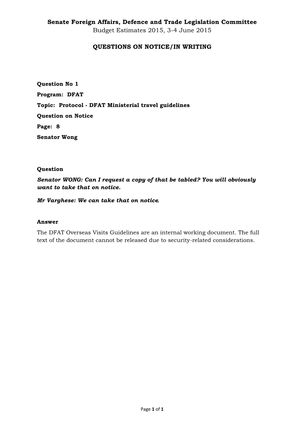 Senate Foreign Affairs, Defence and Trade Legislation Committee Budget Estimates 2015, 3-4 June 2015