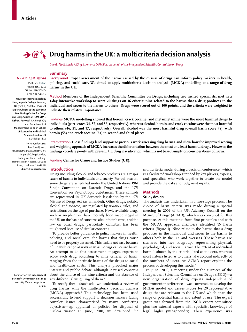 Drug Harms in the UK: a Multicriteria Decision Analysis