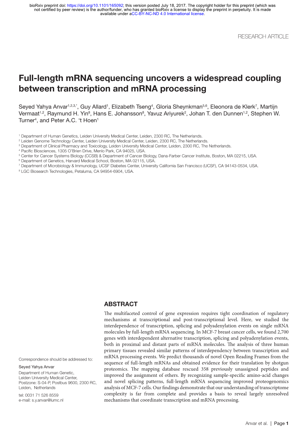 Full-Length Mrna Sequencing Uncovers a Widespread Coupling Between Transcription and Mrna Processing