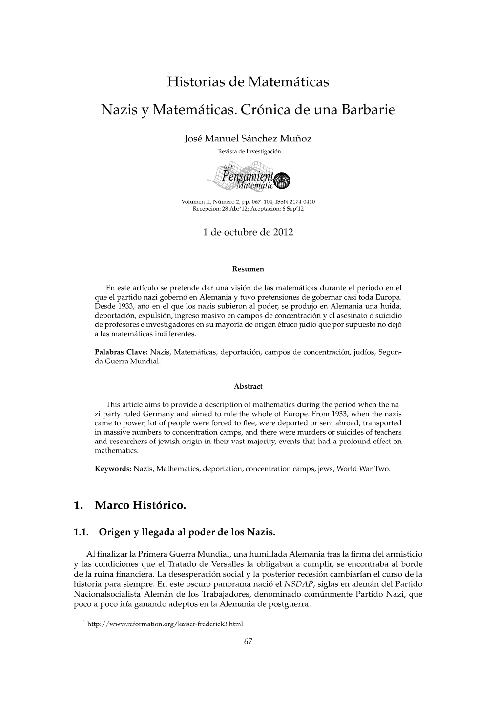 Nazis Y Matemáticas. Crónica De Una Barbarie